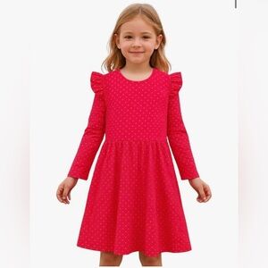Girl Long Sleeve Red Polka Dot Ruffle Dress, Tiered Pleated Winter, Cute, Size 5